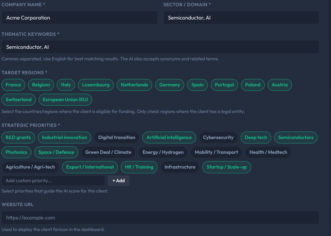 Interface de configuration F3I — profil organisation, régions cibles et priorités stratégiques